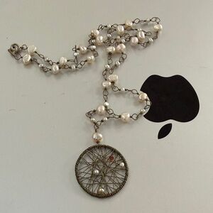 Dream catcher Pearl and Wire Pendant Necklace